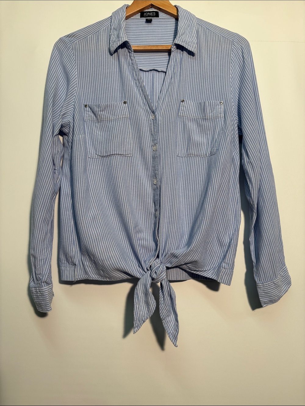 Jones New York Blue & White Pinstripe Tie-Front Button Down Shirt